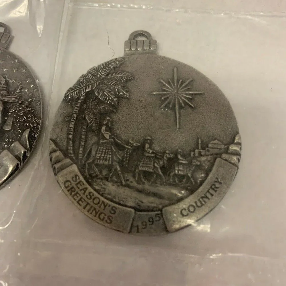 Seasons Greetings Pewter Christmas Ornaments